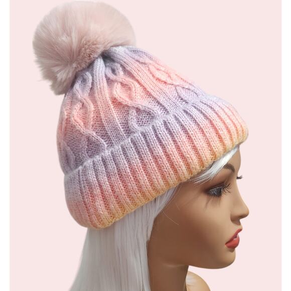Cap Beanie Mulitcolor Pastel Lined Inside with Ball on top - Picture 4 of 6